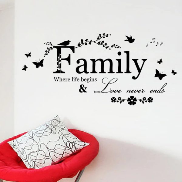 "Family Love Never Ends Quote Vinyl Wall Sticker – Inspirational Wall Decals for Home, Wedding, & Living Room (20cm x 57cm)"