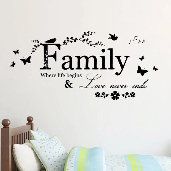 "Family Love Never Ends Quote Vinyl Wall Sticker – Inspirational Wall Decals for Home, Wedding, & Living Room (20cm x 57cm)"