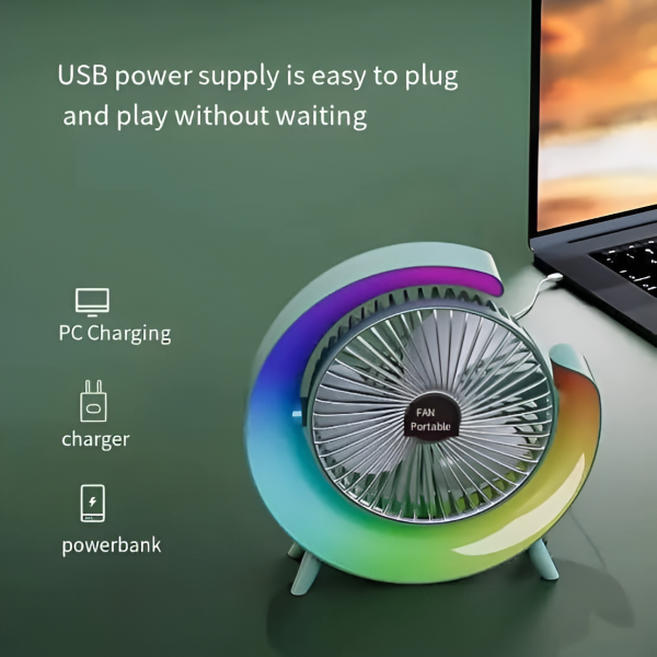 Portable Mini G Light Rechargeable Desk Fan With Led Colorful Light.
