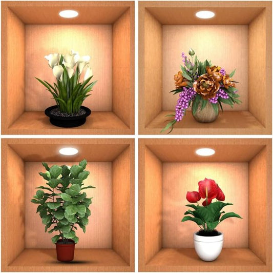 "4 Sheets 3D Flower & Plant Vinyl Removable Wall Stickers – DIY Green Potted Plants Mural (Style-B)"