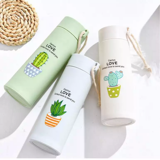 Cactus Love Print Style Glass Water Bottle – 400ml (random Color)
