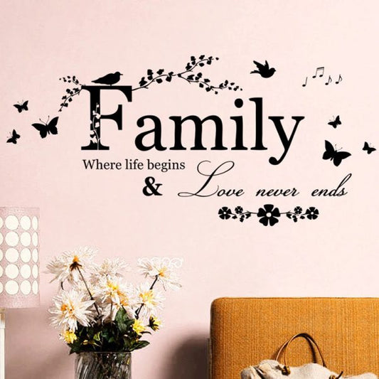 "Family Love Never Ends Quote Vinyl Wall Sticker – Inspirational Wall Decals for Home, Wedding, & Living Room (20cm x 57cm)"